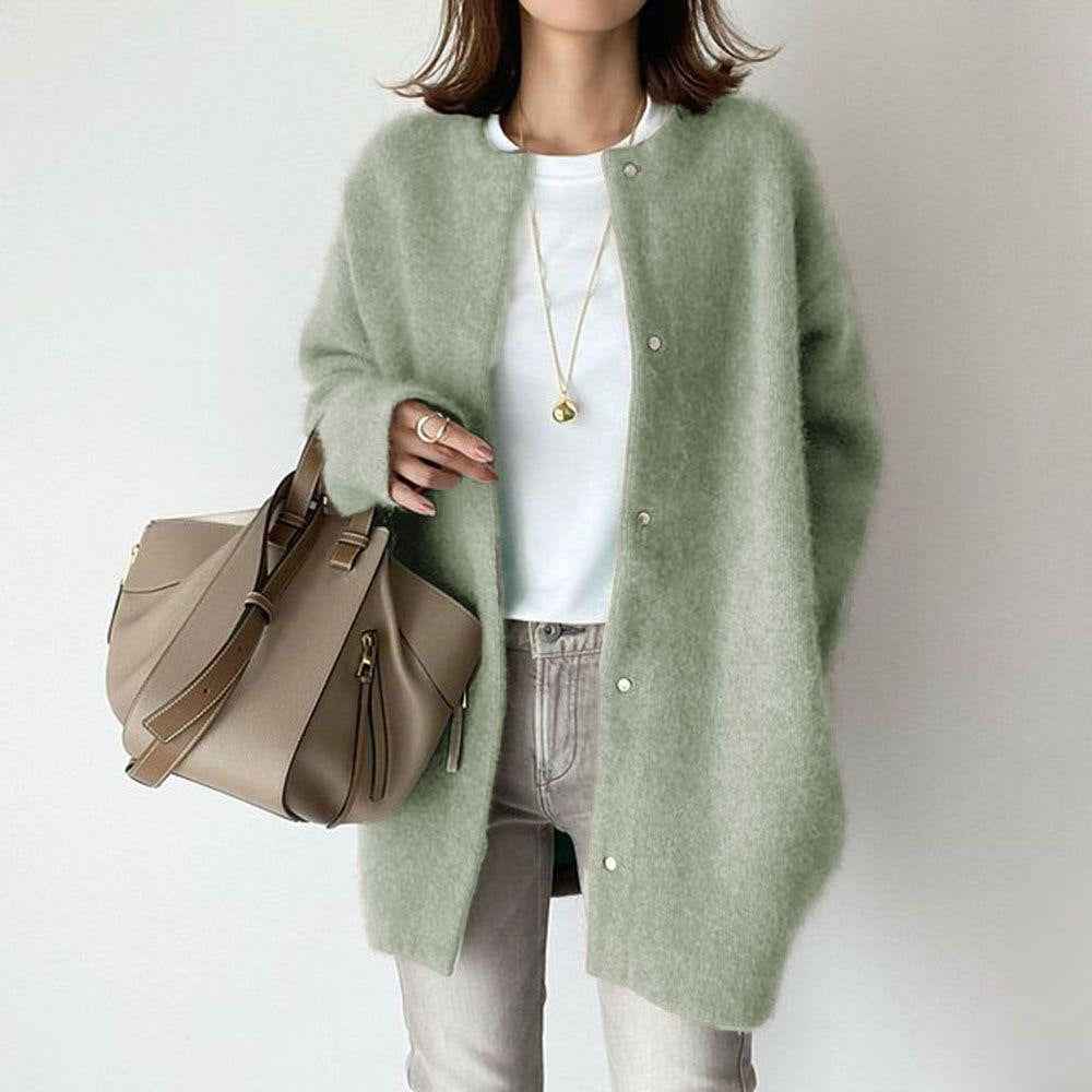 Stylish Loose Round Neck Cardigan - Solid Color Women's Coat for Autumn & Winter