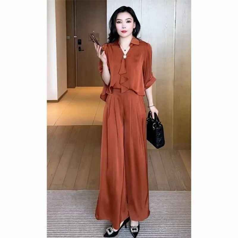 Chic 3D Effect Chiffon Top & Wide-Leg Pants Set - Urban Elegance