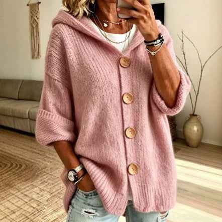 Women's Solid Color Hooded Cardigan Sweater - Casual Loose Fit Knit Top