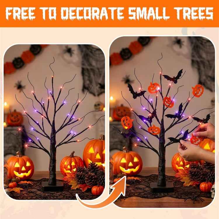 22" LED Black Tree: Orange & Purple Lights, Bats, Pumpkins, Battery Powered