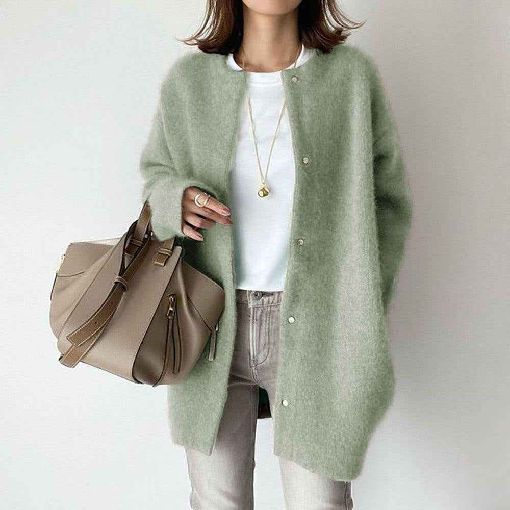 Stylish Loose Round Neck Cardigan - Solid Color Women's Coat for Autumn & Winter