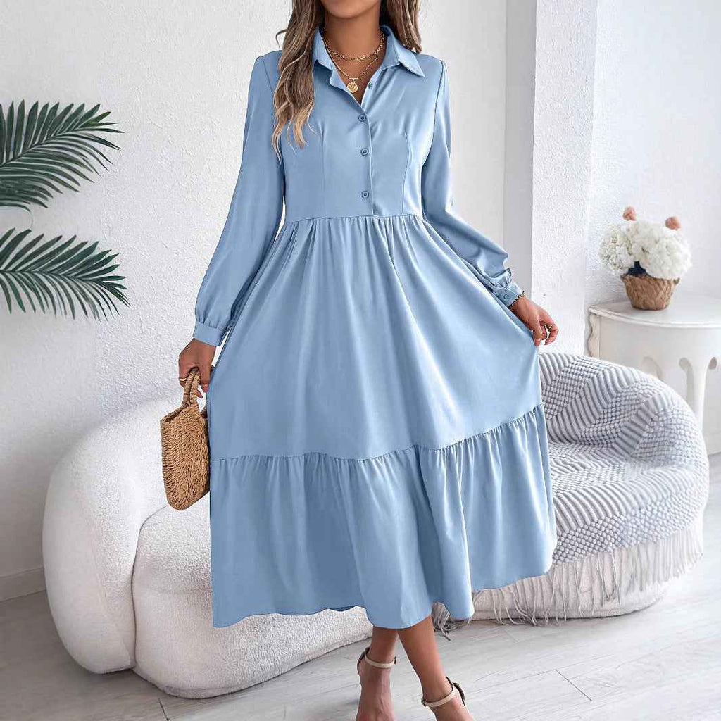 Women's Lapel Ruffled Long Sleeve Dress - Elegant Turn-Down Collar Shirt for Spring/Autumn Vacations