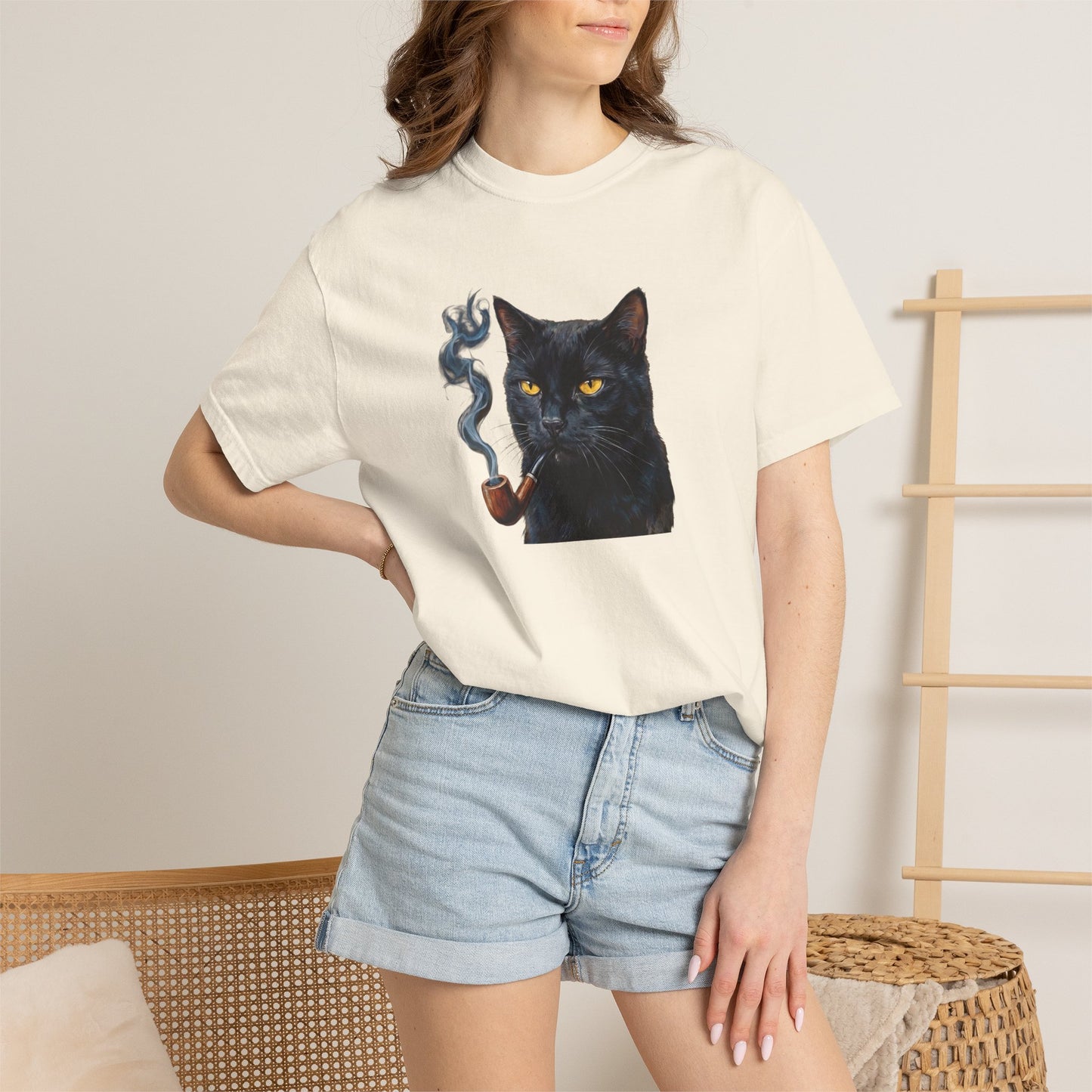 Smoking Cat Graphic T-Shirt — Retro Black Cat with Pipe Tee