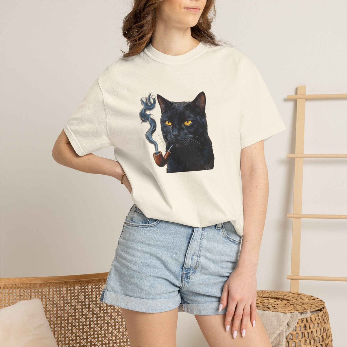 Smoking Cat Graphic T-Shirt — Vintage Noir Cat with Pipe Tee