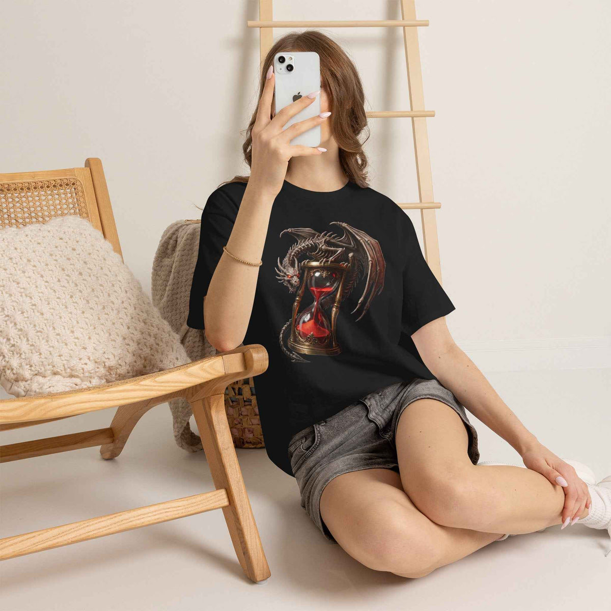 Crimson Dragon Hourglass Graphic Tee - Heavyweight Cotton Dark Fantasy Streetwear T-Shirt