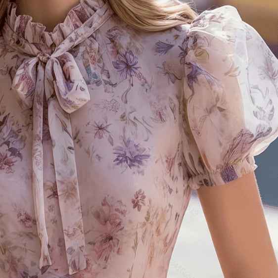 Floral Chiffon Blouse with Lace Trim - Women's Sweet Style Summer Top