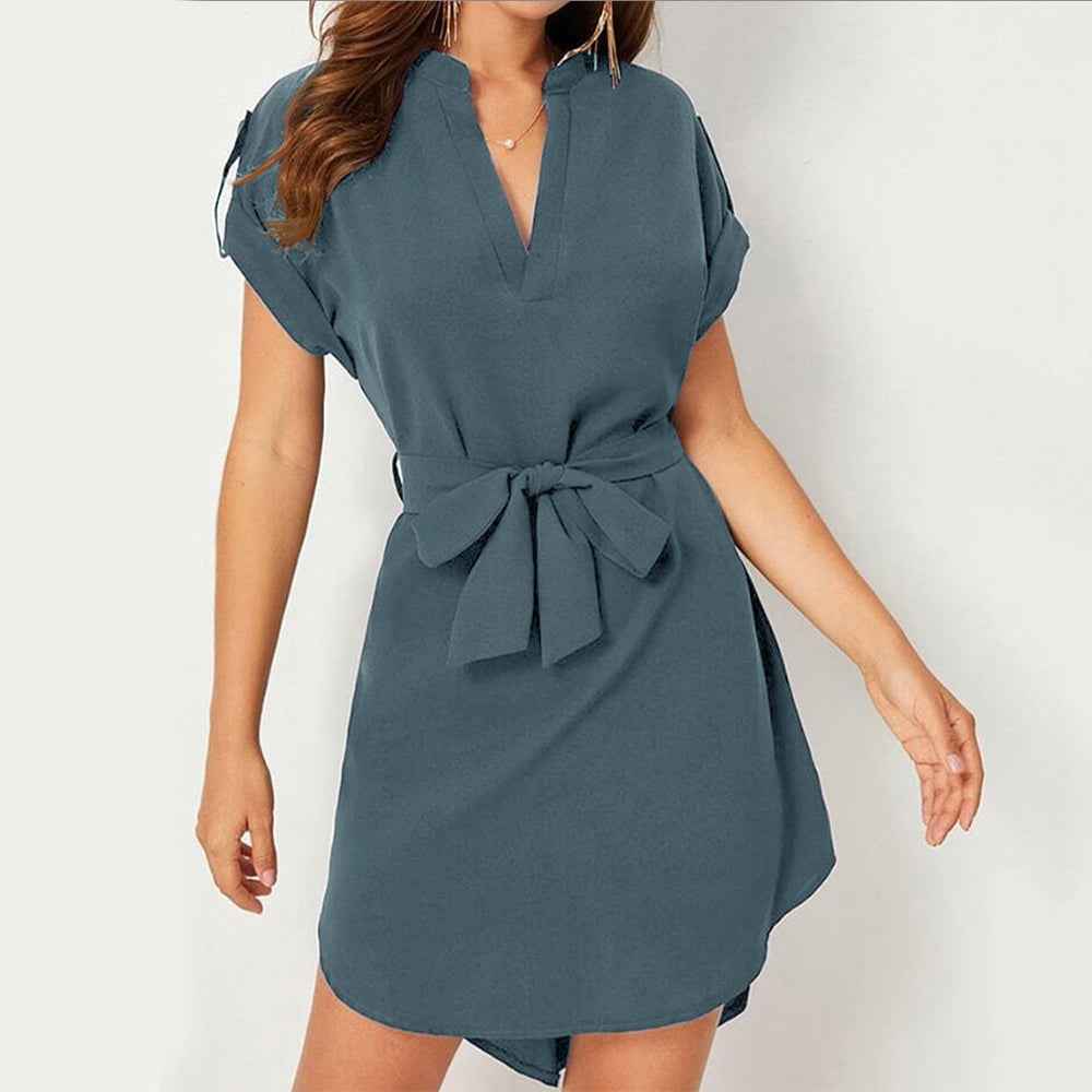 V-Neck Summer Dress With Belt & Bowknot for Women - Fashion Casual