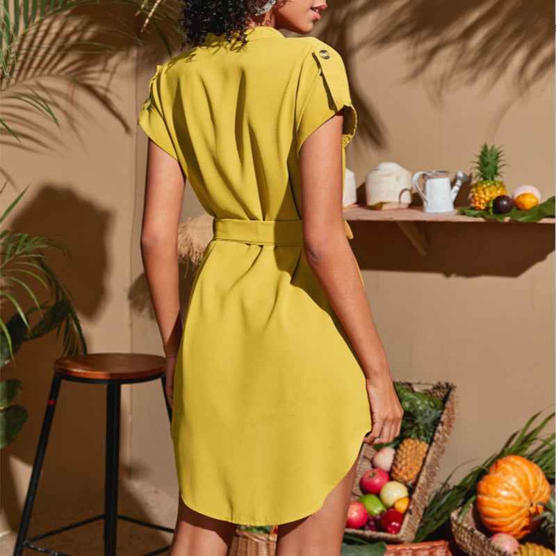 V-Neck Summer Dress With Belt & Bowknot for Women - Fashion Casual