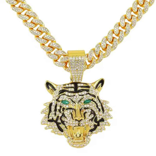 3D Diamond Tiger Head Football Pendant Necklace - Zinc Alloy Chain 13mm