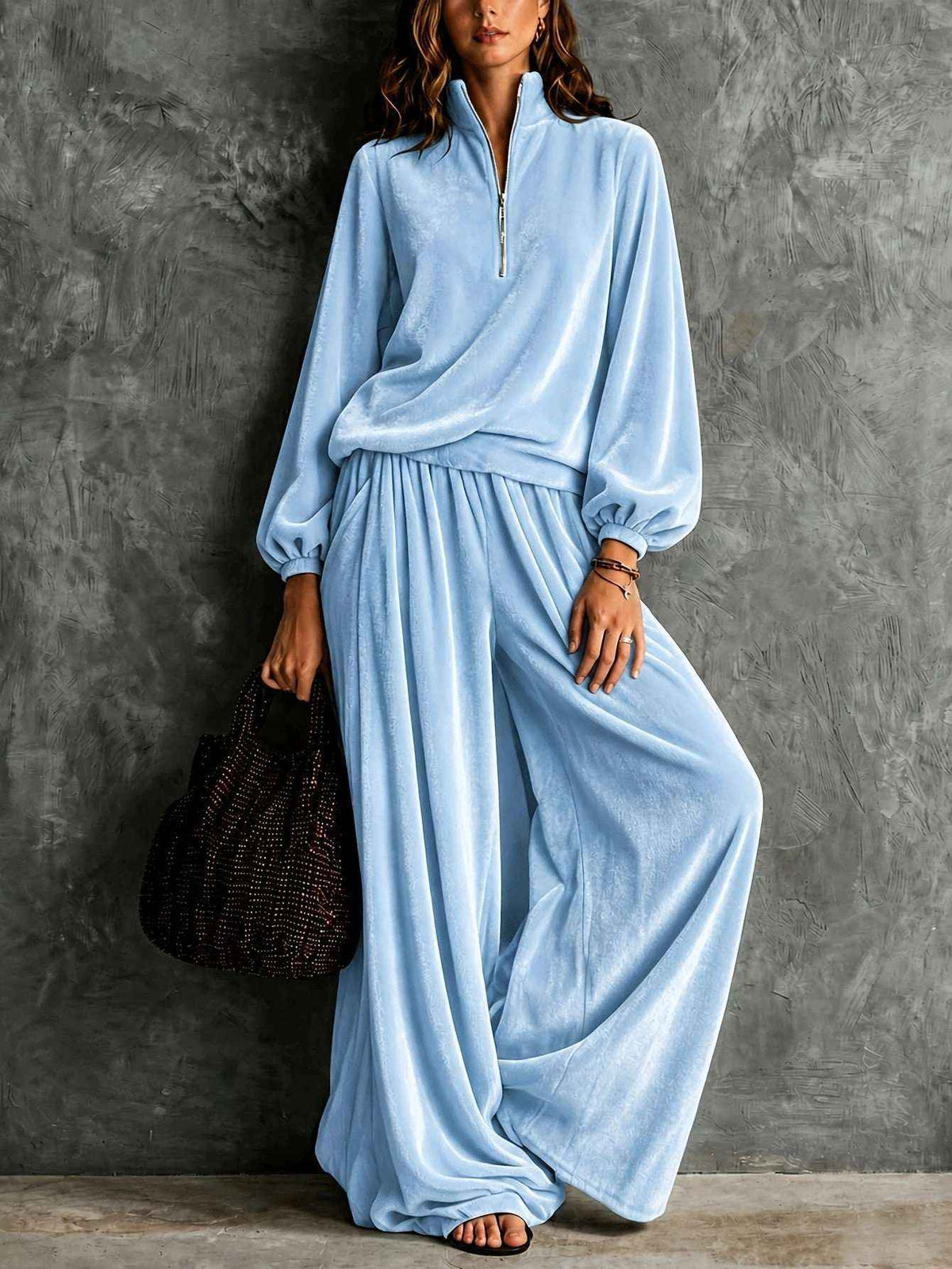 Elegant Velvet Long-Sleeved Pants & Top Set for Women - Autumn Winter Fashion