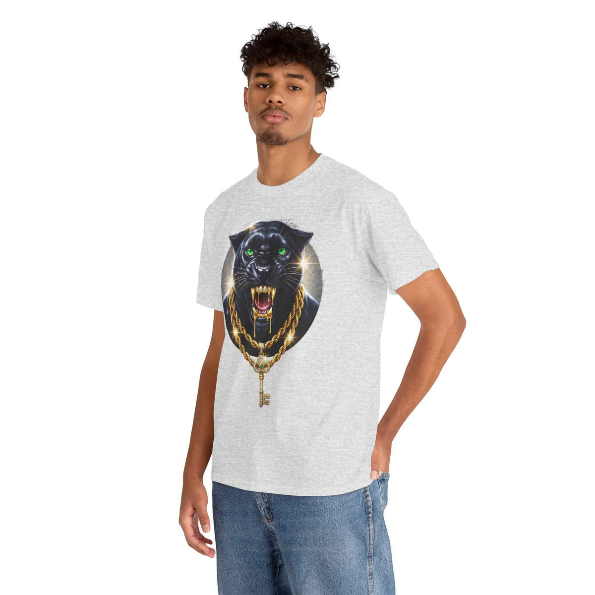 Luxury Black Panther Graphic Tee with Gold Chains & Key