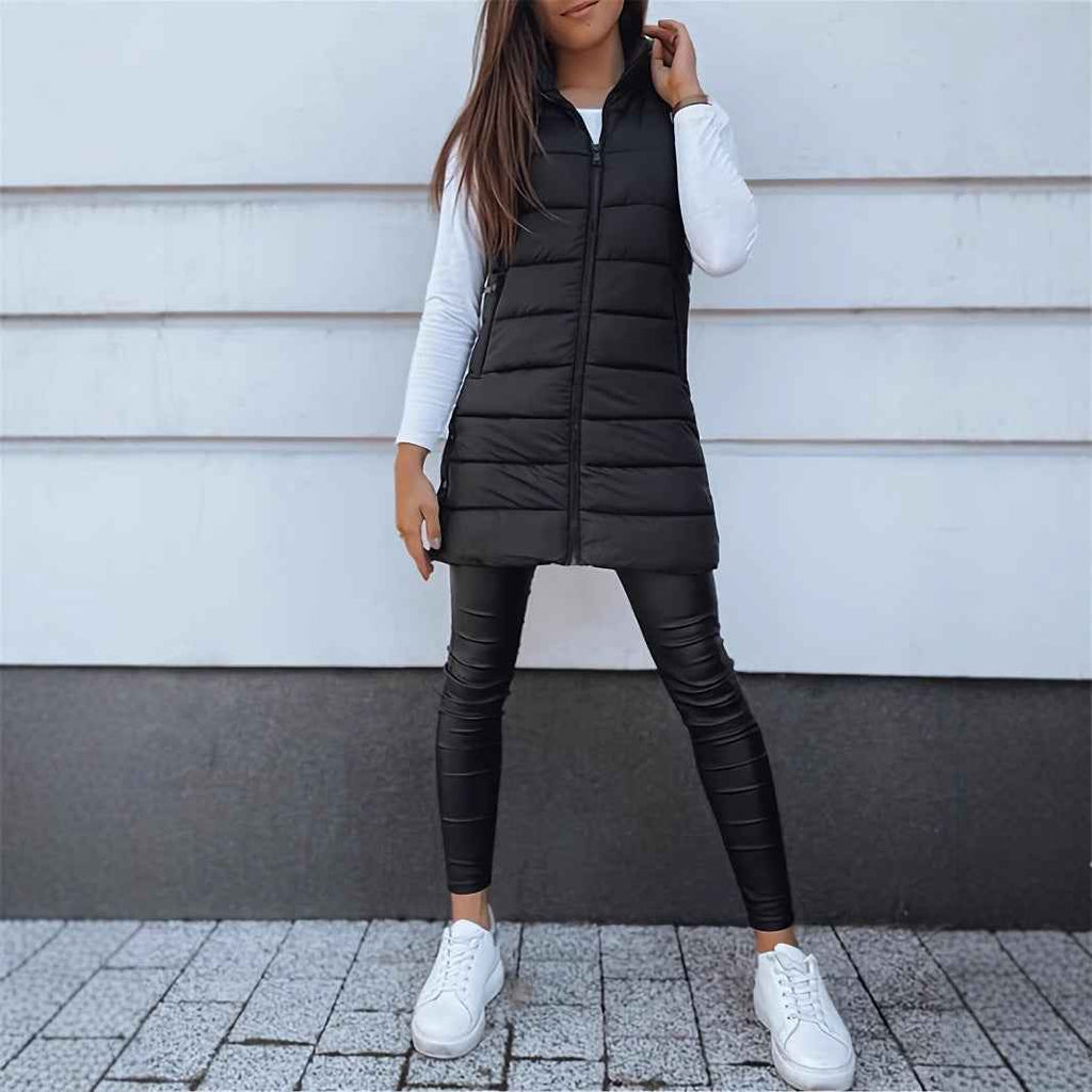 Solid Color Hooded Quilted Cotton Vest Coat with Zipper
