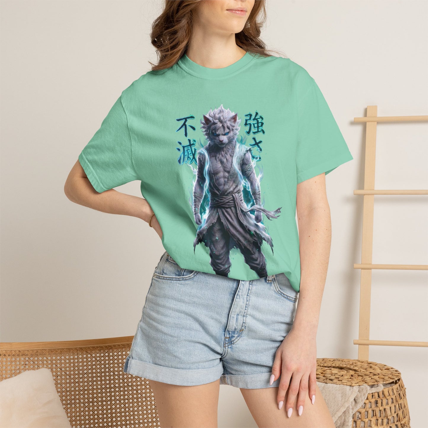 Y2K Cyberpunk Graphic Tee White Silver Cat Warrior Unisex Harajuku Style Streetwear Comfort Colors 1717 T-Shirt