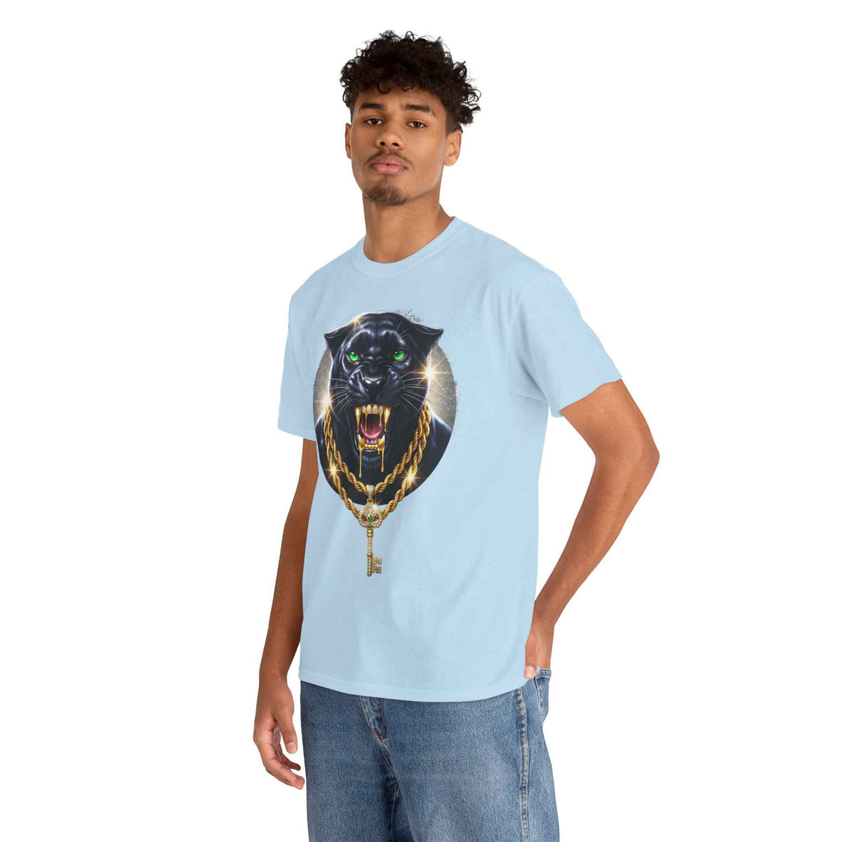 Luxury Black Panther Graphic Tee with Gold Chains & Key