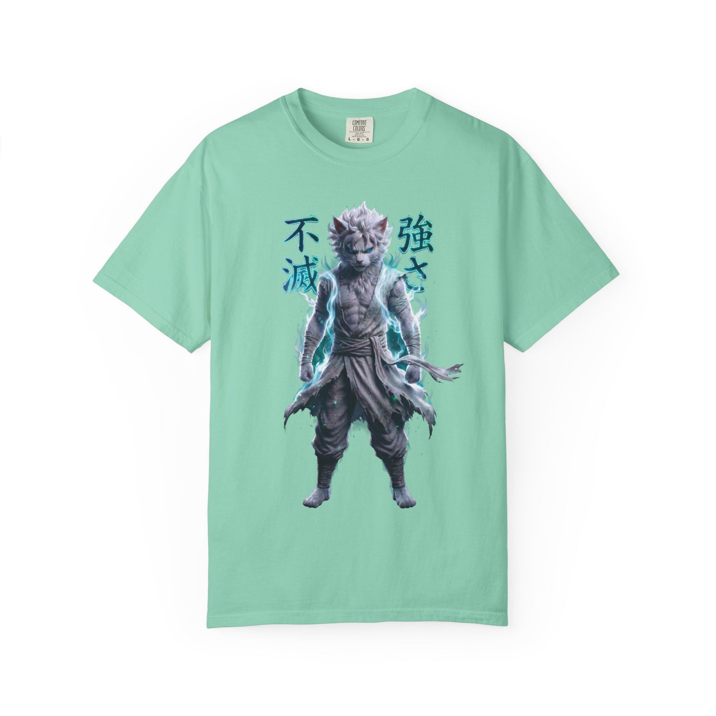 Y2K Cyberpunk Graphic Tee White Silver Cat Warrior Unisex Harajuku Style Streetwear Comfort Colors 1717 T-Shirt