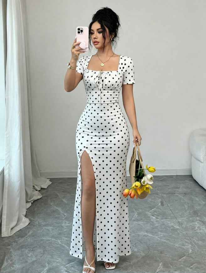 Womens Cinched-waist Fishtail Polka-dot Dress