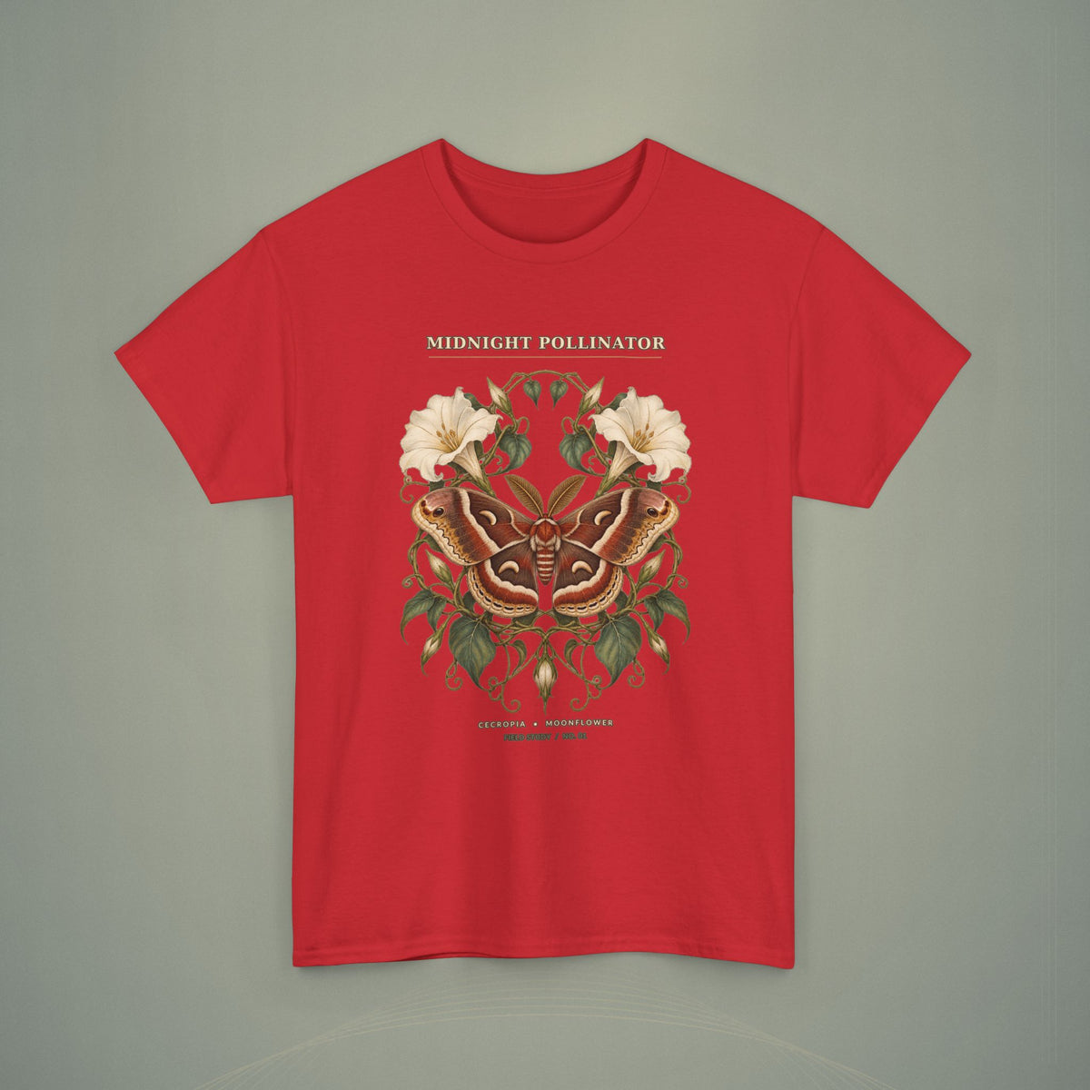 Midnight Pollinator Cecropia Moth & Moonflower Graphic Tee | Vintage Botanical Night Garden Shirt
