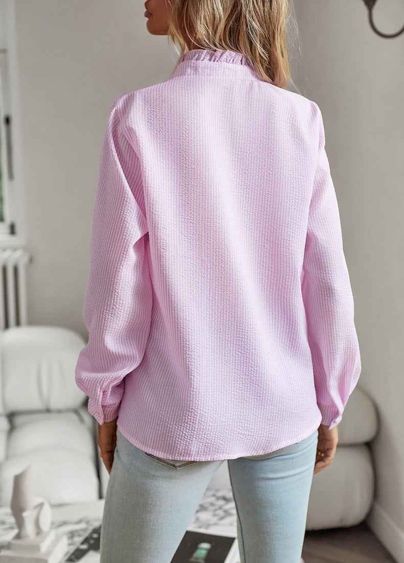 Striped Long Sleeve Button-Up Blouse with Ruffle Detail, Casual Office Shirt for Women
