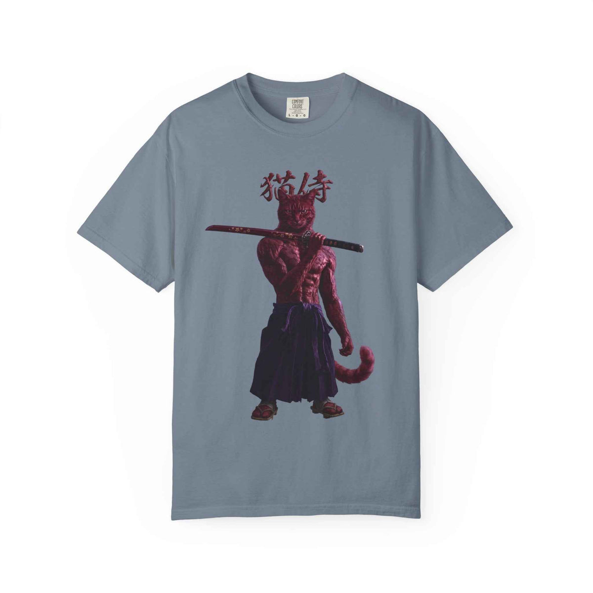 Heavyweight Vintage Red Samurai Cat Tee - Boxy Graphic Tee for Dark Aesthetic Fans