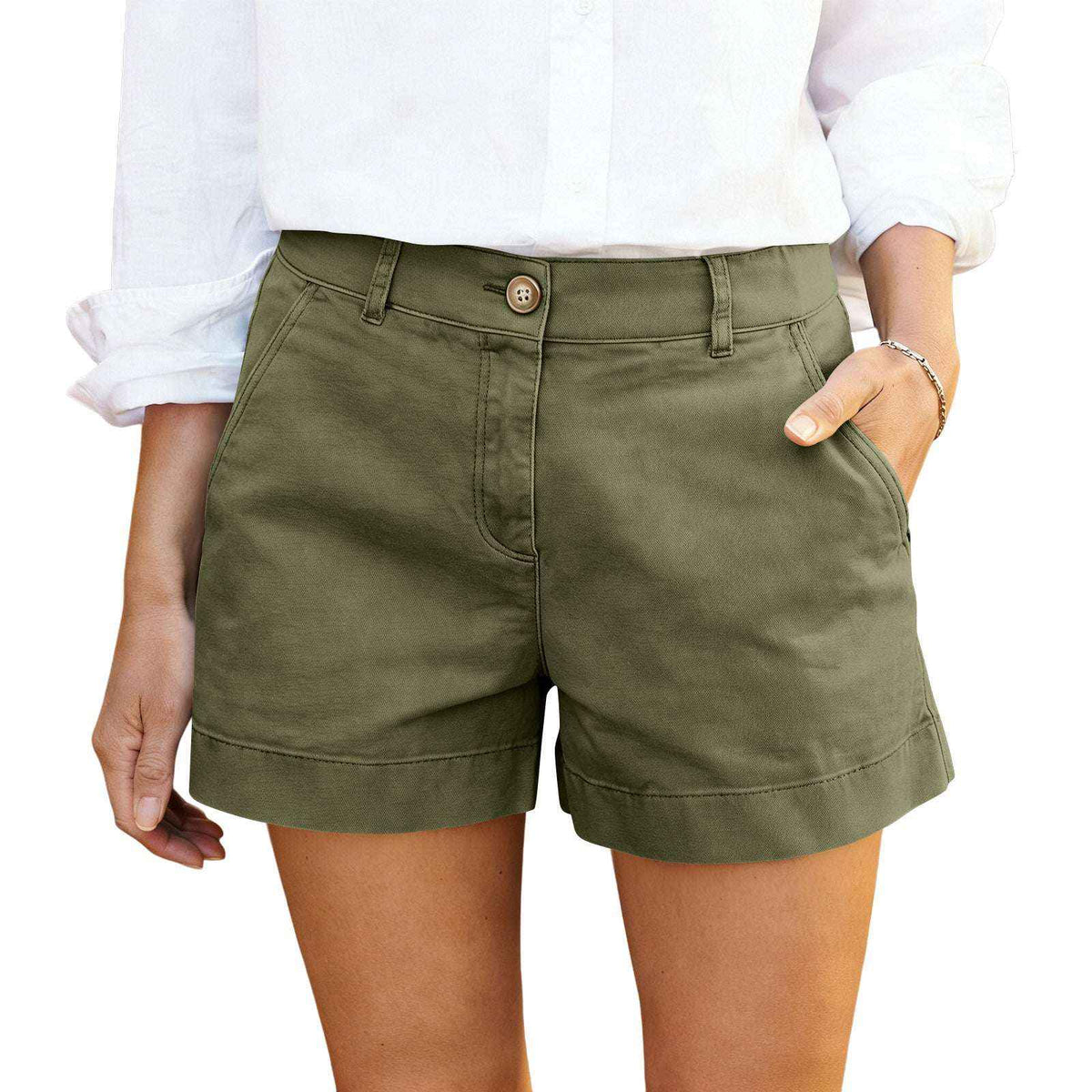 Women's High-Waisted Bermuda Shorts - Twill Cotton Casual & Elegant