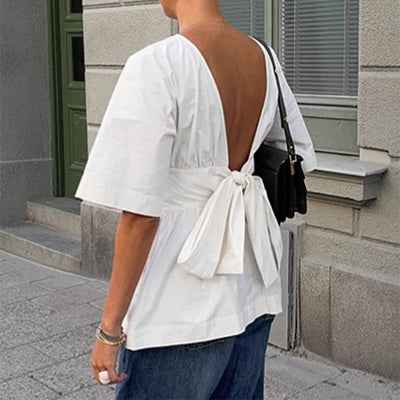 Summer Women's Backless Bat Sleeve T-shirt with Back-Tie Design - Fashion & Comfortable