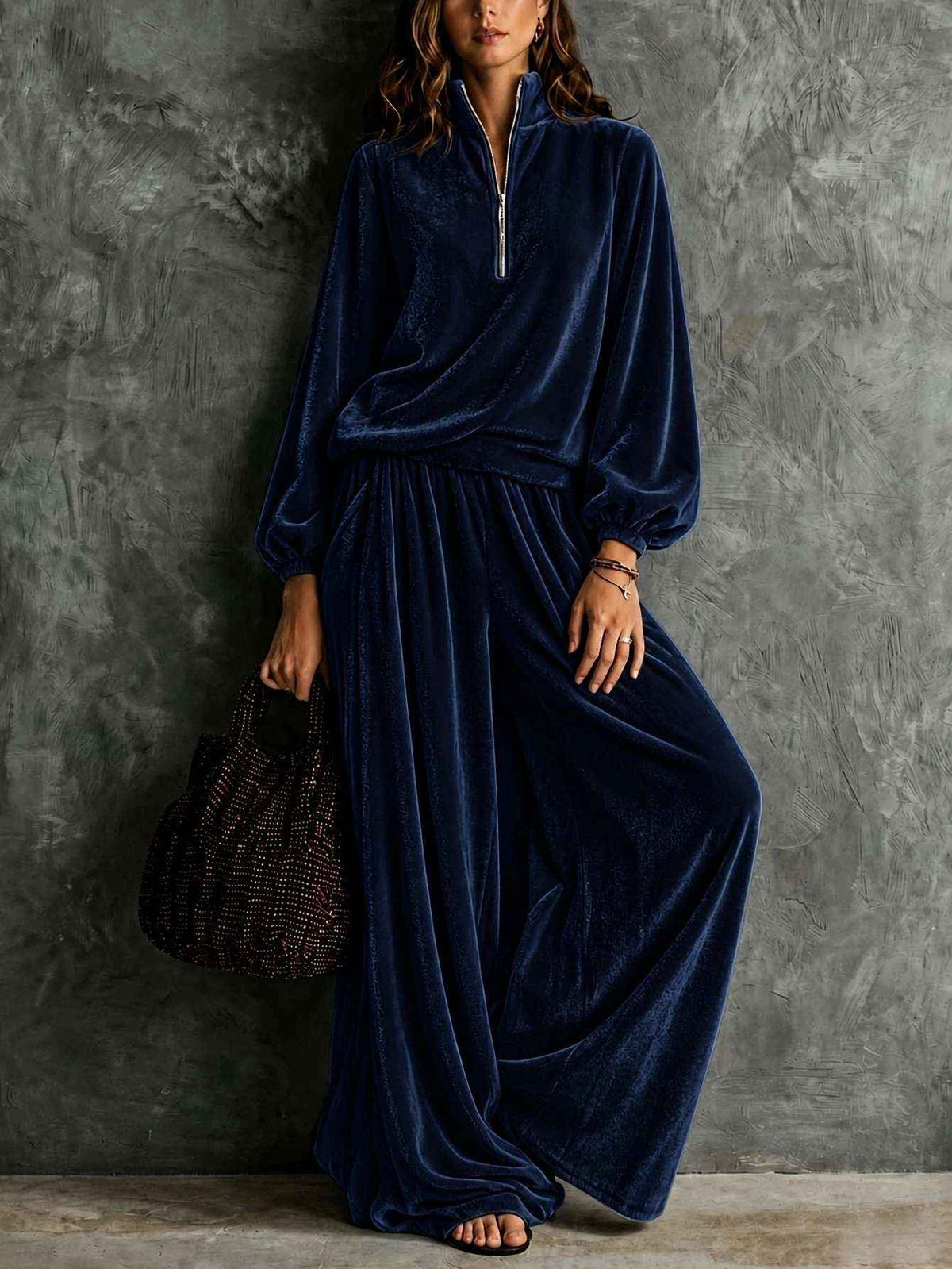 Elegant Velvet Long-Sleeved Pants & Top Set for Women - Autumn Winter Fashion