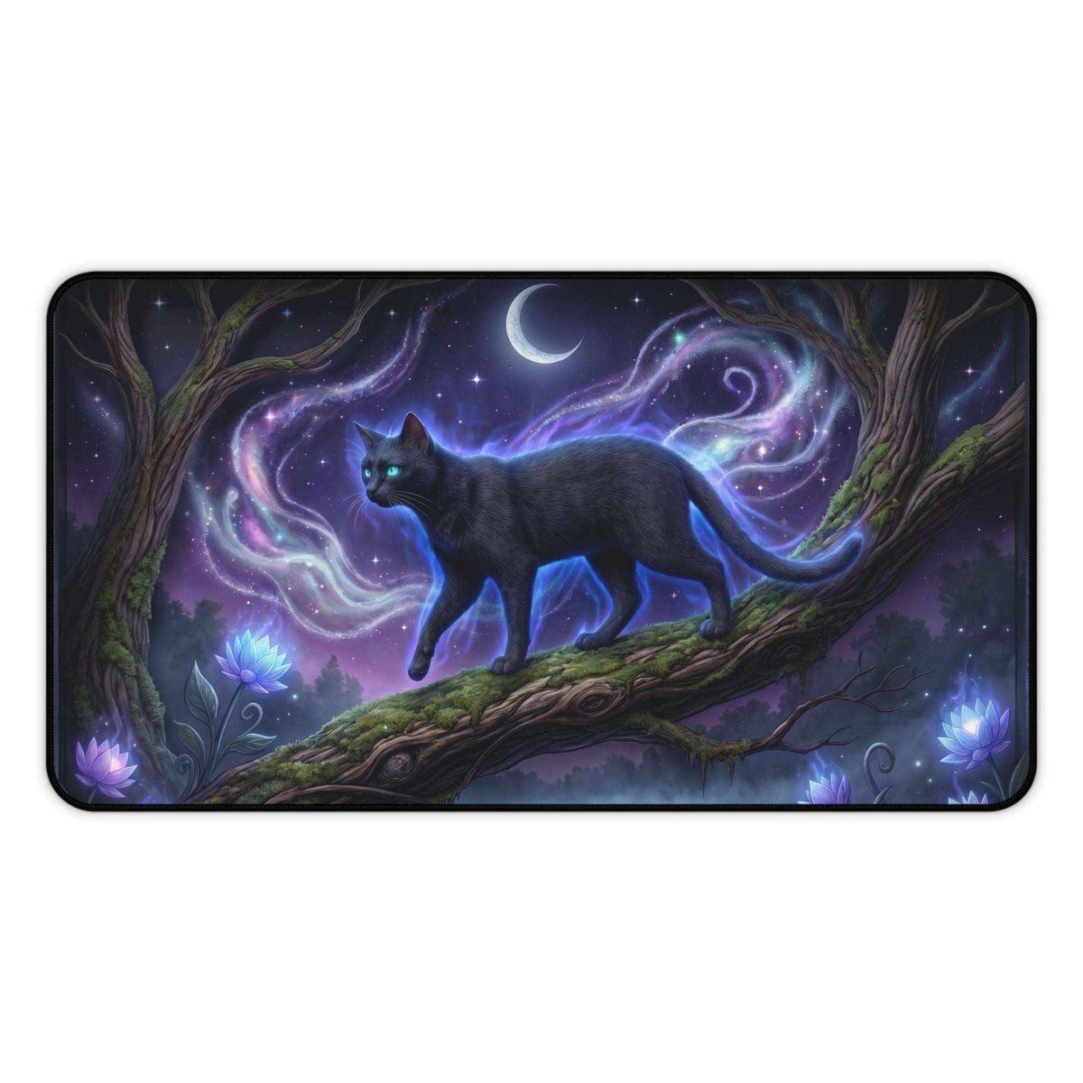 Glowing Black Cat Desk Mat - Dark Academia Gaming Keyboard Mat