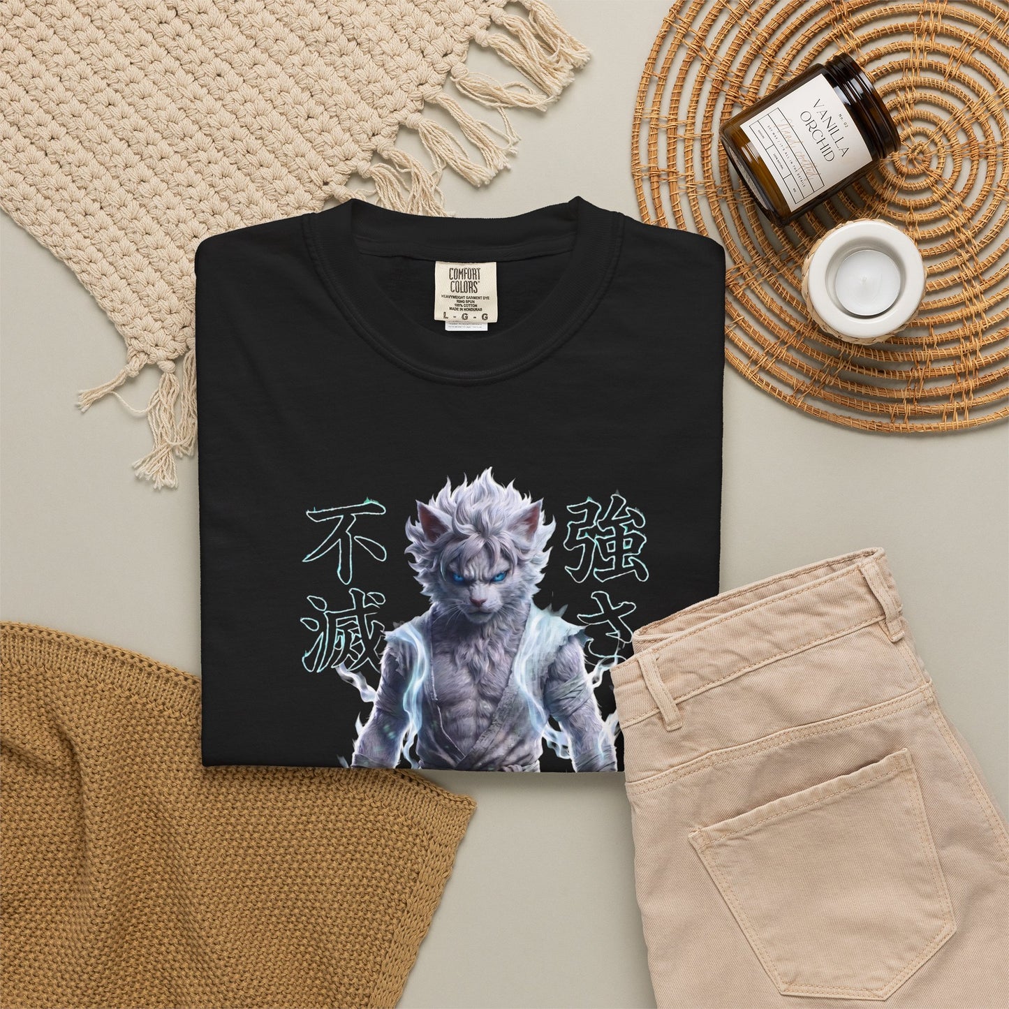 Y2K Cyberpunk Graphic Tee White Silver Cat Warrior Unisex Harajuku Style Streetwear Comfort Colors 1717 T-Shirt