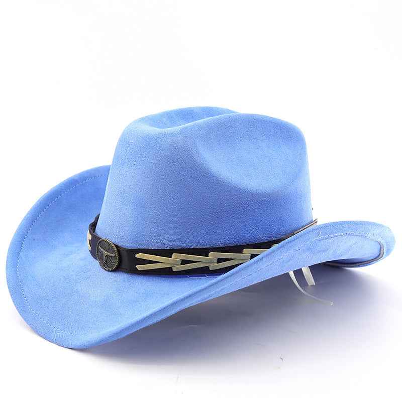 Cowhide Belt Suede Trim Western Cowboy Hat - Polished Style