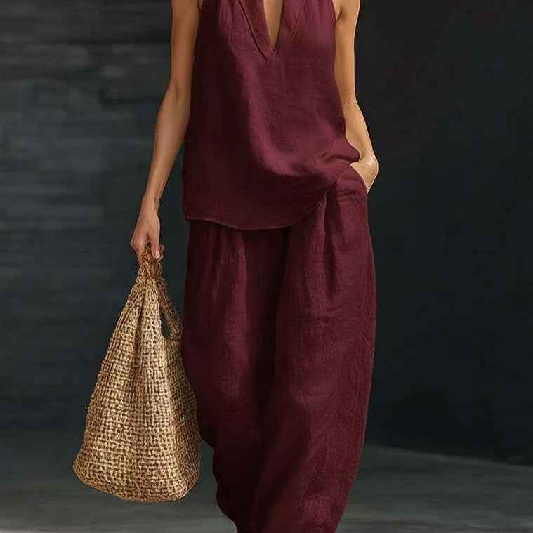 Women's Summer Fashion V-Neck Tank Top & Wide-leg Pants Set