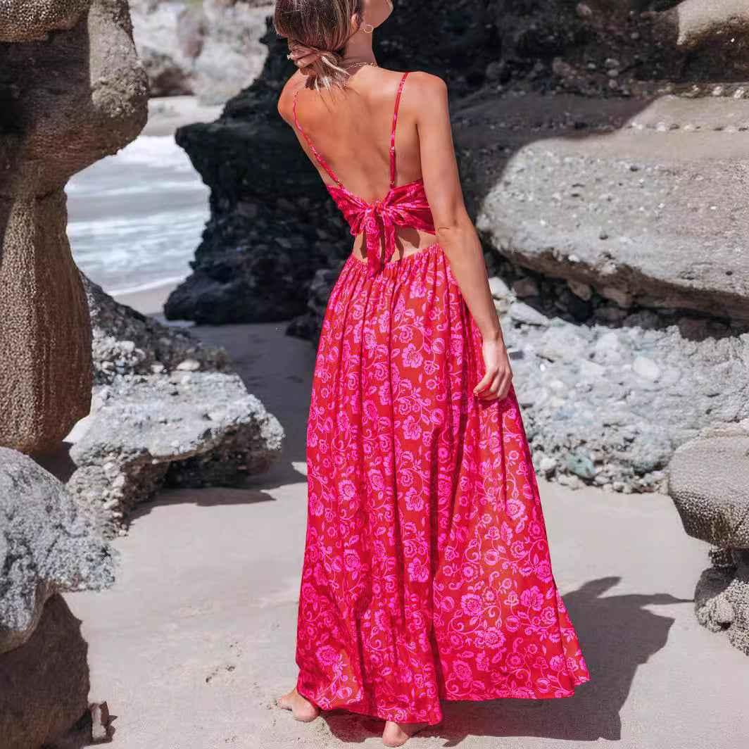 Knotted V-Neck Floral Long Dress Women's Elegant Summer Style