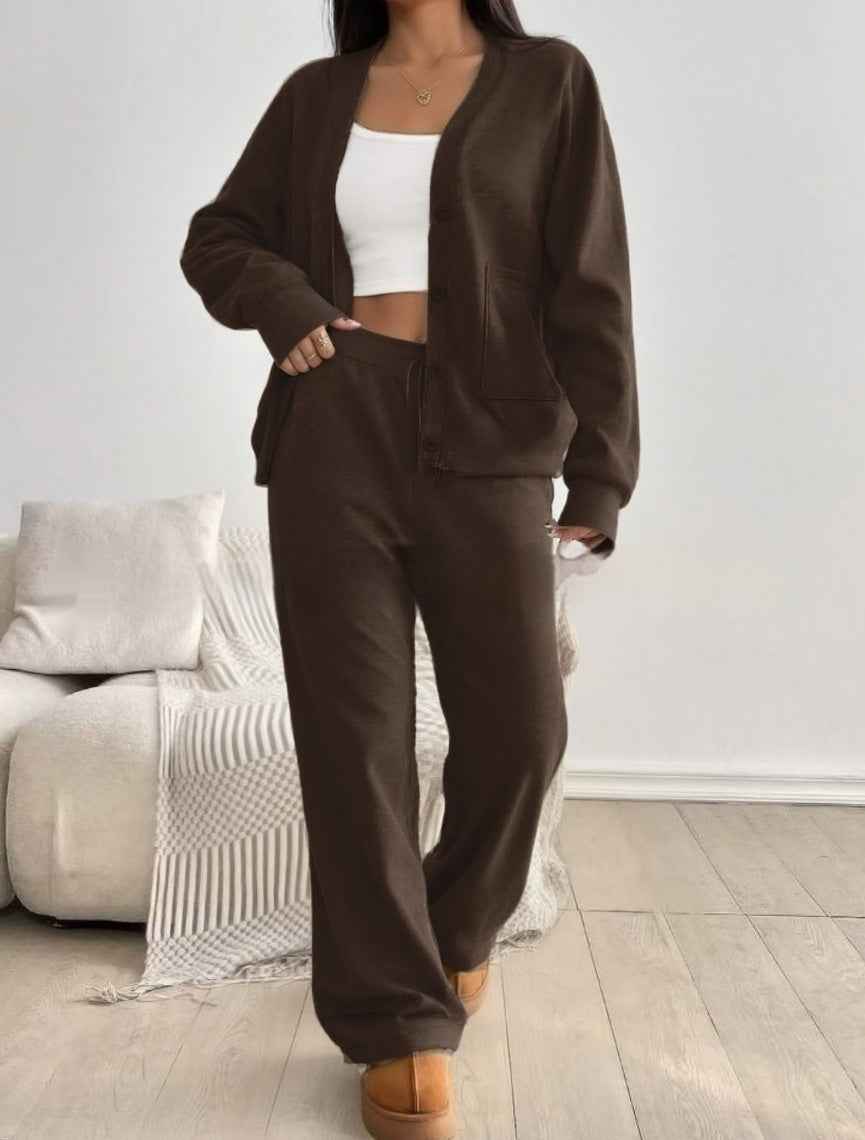 Women's Solid Color Cardigan & Wide Leg Pants Set - Effortless Chic Summer Casual Suit