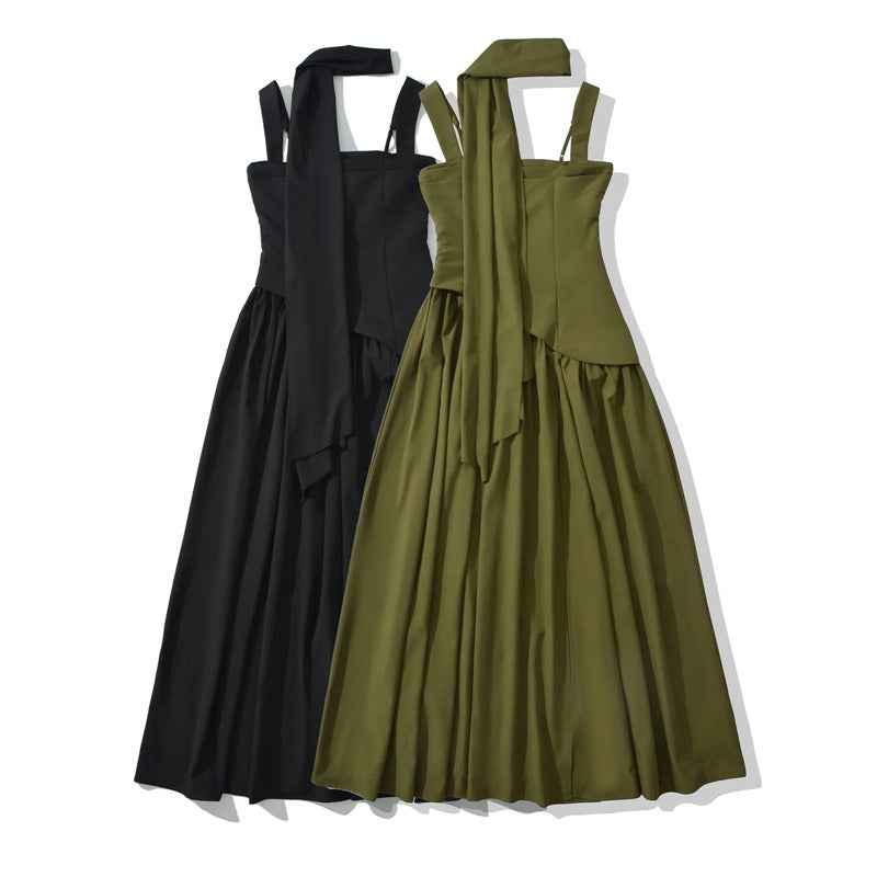 Elegant Olive Green Maxi Dress Summer Flowy Long with Scarf