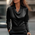 Elegant Women's Solid Color Satin Draped Shirt, Long Sleeve Office & Casual Pullover