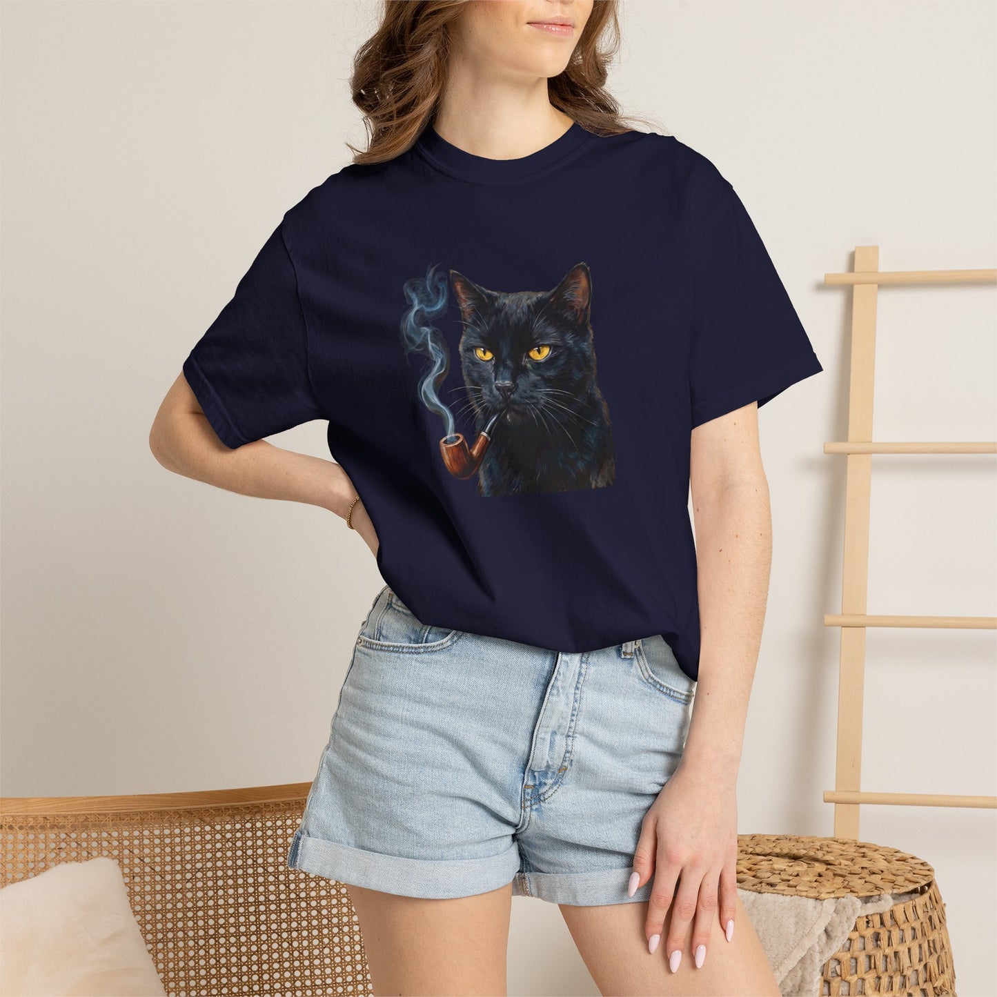 Smoking Cat Graphic T-Shirt — Retro Black Cat with Pipe Tee