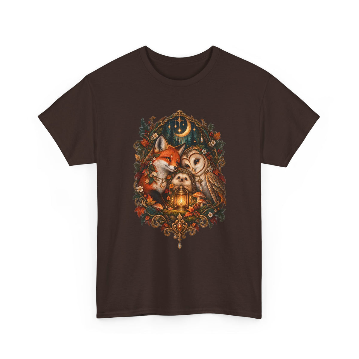 Moonlit Woodland Kin Graphic Tee | Fox Owl Hedgehog Forest Friends | Gildan 5000