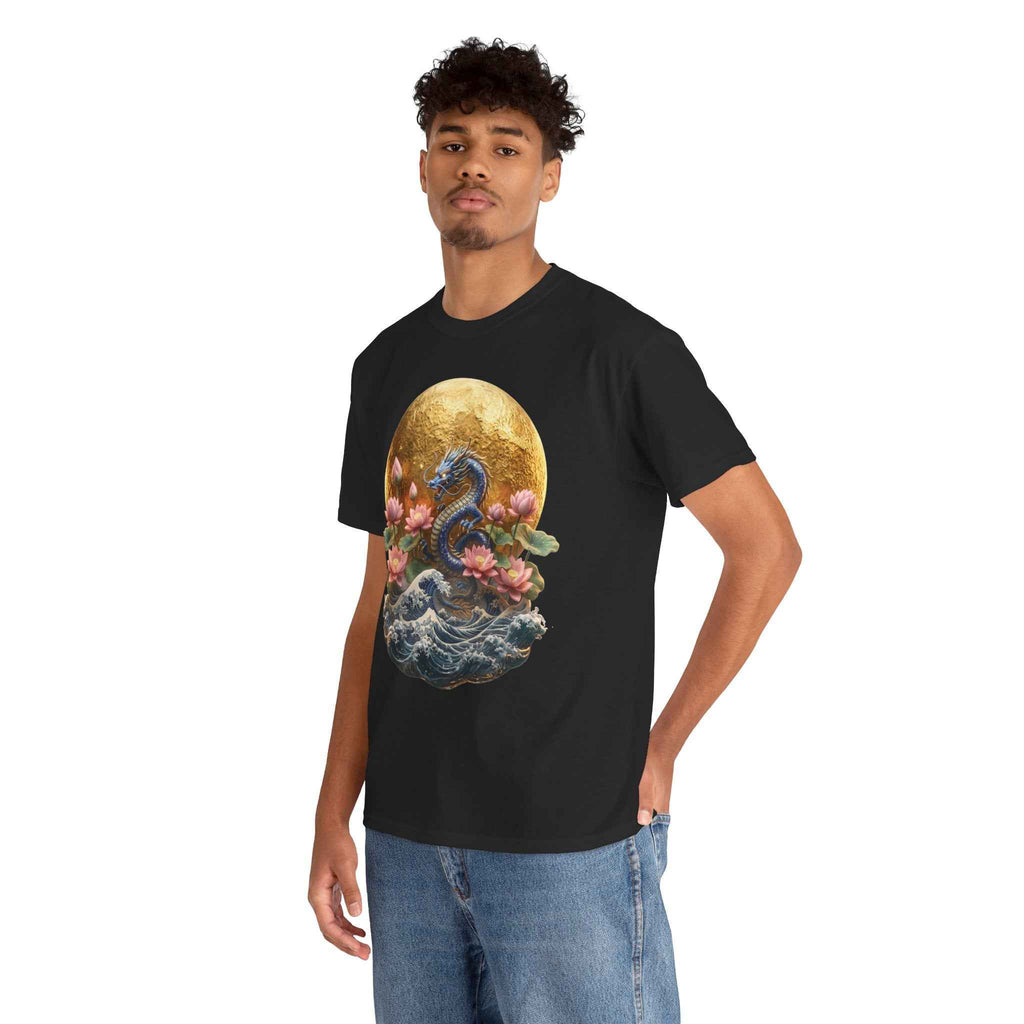 Japanese Dragon & Lotus Moon Graphic Tee - Heavy Cotton Streetwear