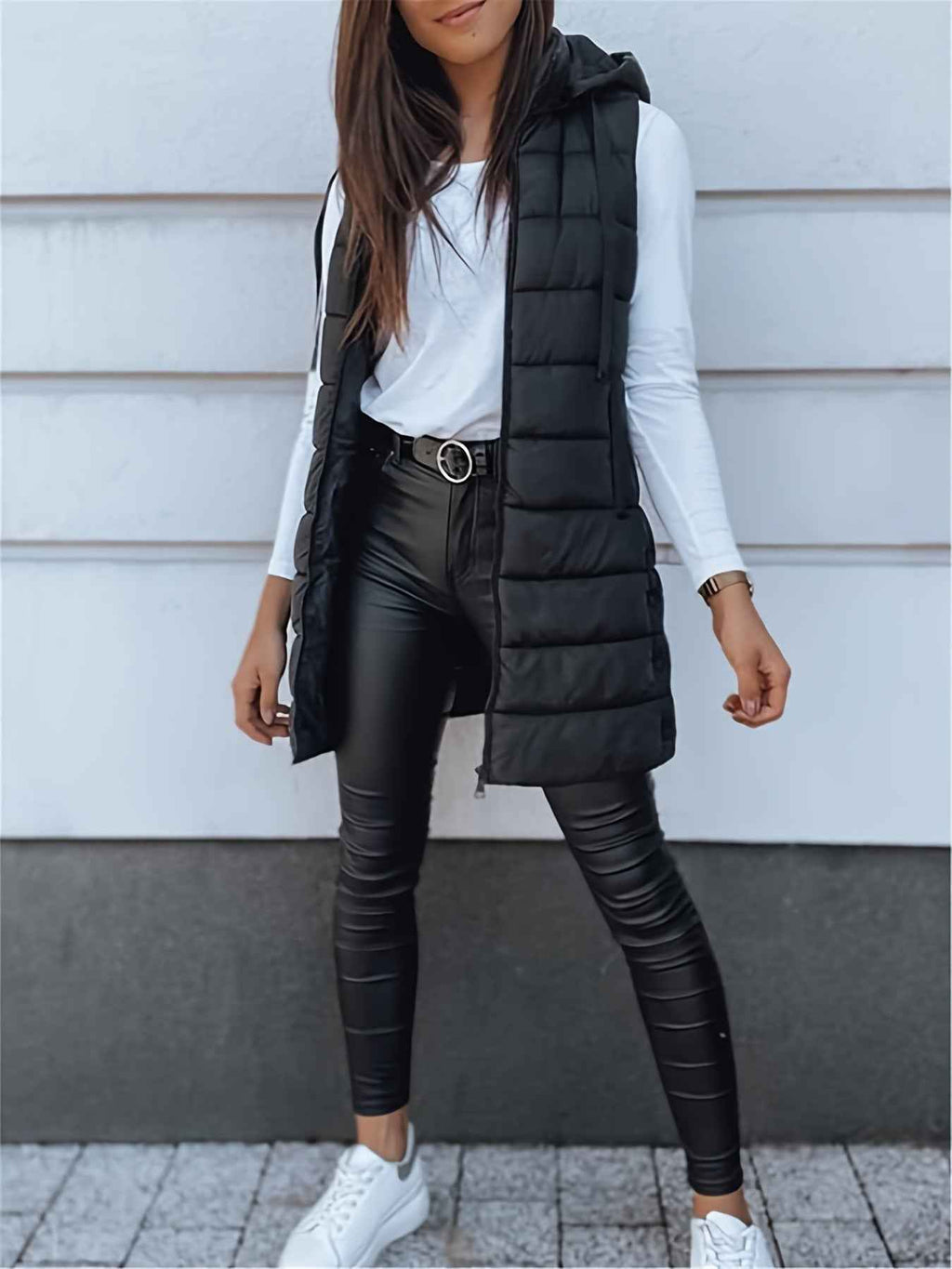Solid Color Hooded Quilted Cotton Vest Coat with Zipper