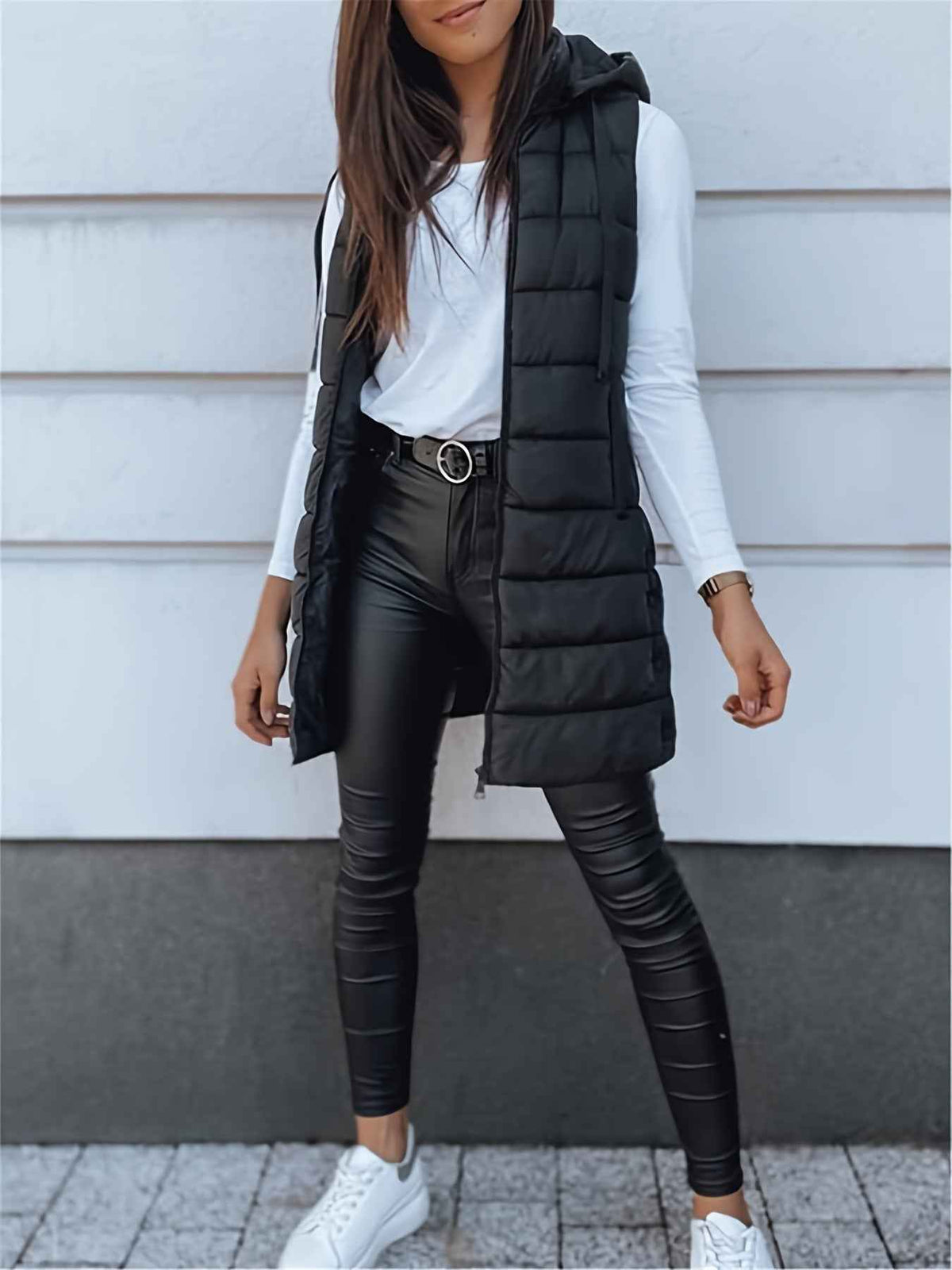 Solid Color Hooded Quilted Cotton Vest Coat with Zipper