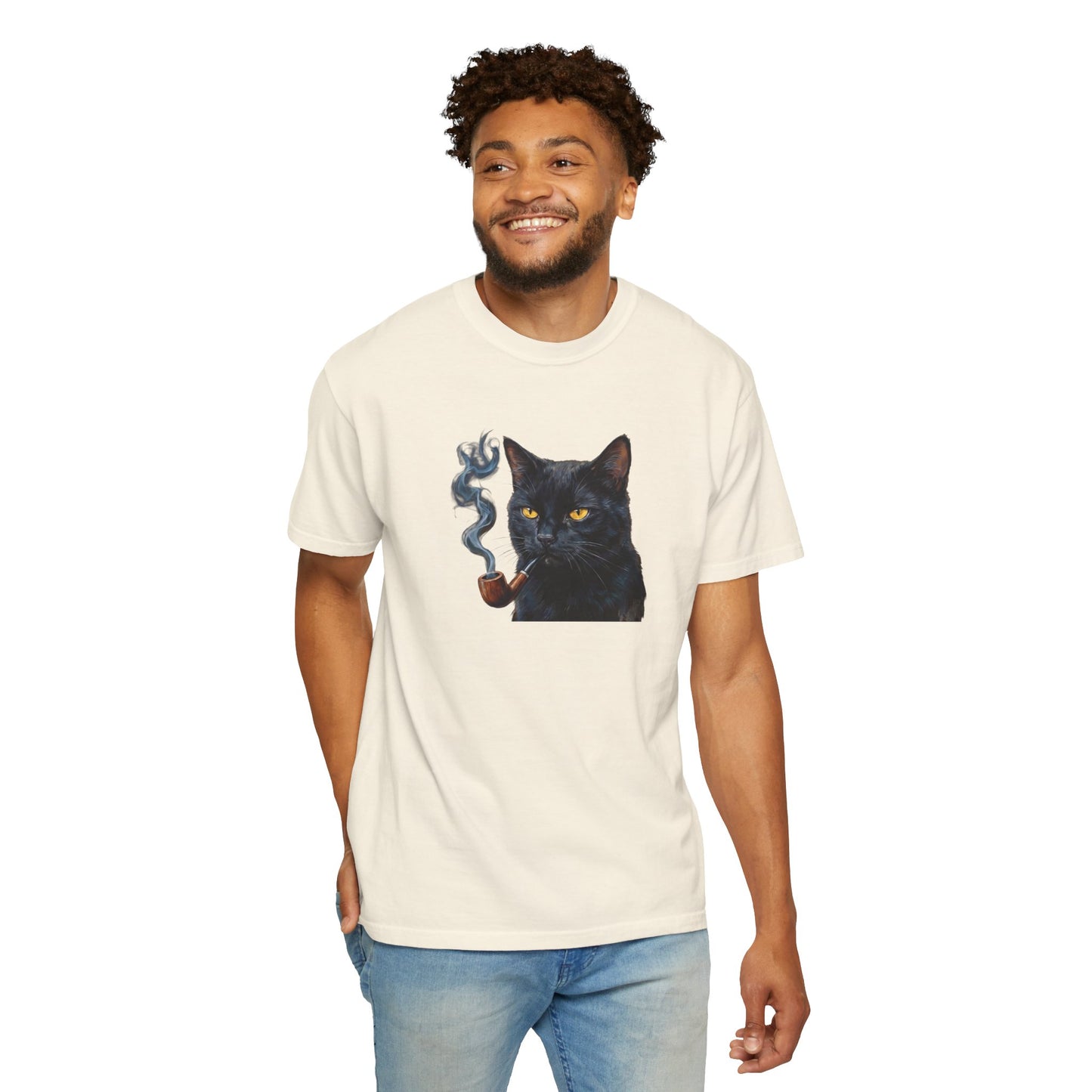 Smoking Cat Graphic T-Shirt — Retro Black Cat with Pipe Tee