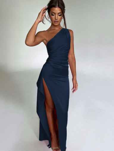 Red One-Shoulder Backless Satin Dress
