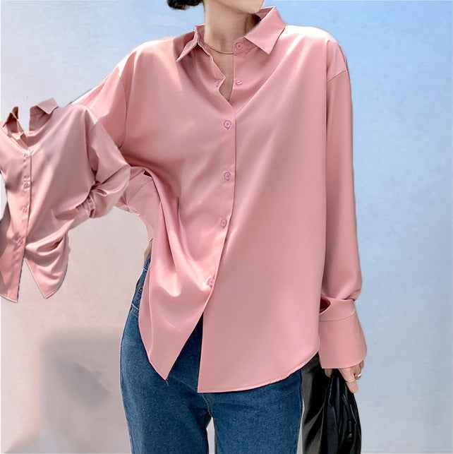 Pearl White Satin Long Sleeve Blouse - Elegant, Versatile Office Wear