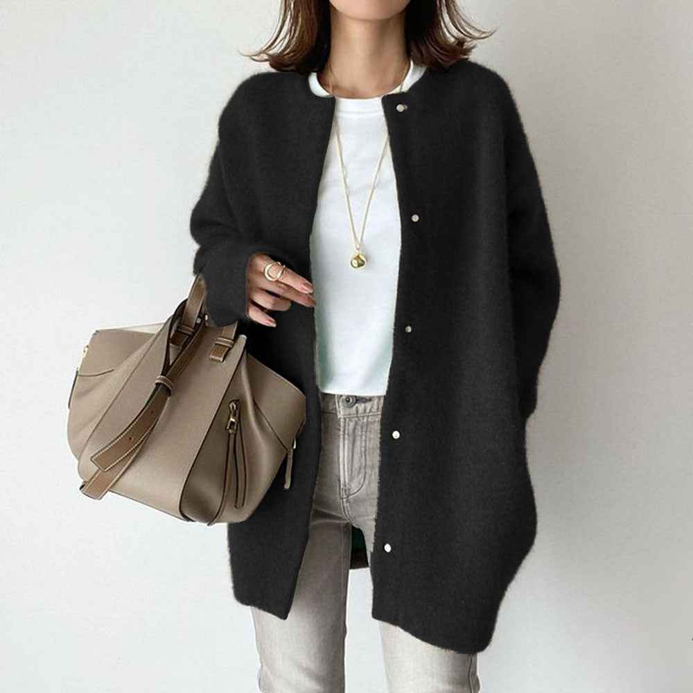 Stylish Loose Round Neck Cardigan - Solid Color Women's Coat for Autumn & Winter
