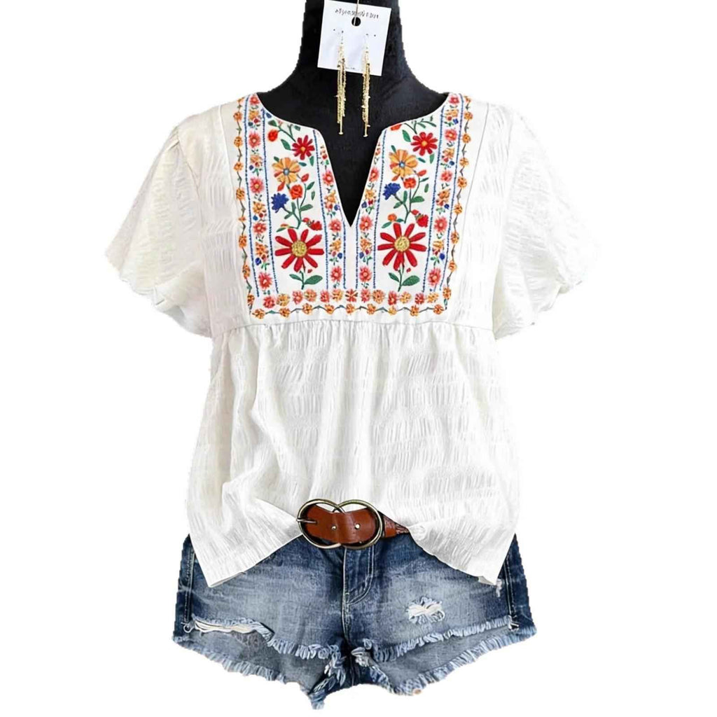 Plus Size Women Embroidered Lace V-Neck Blouse