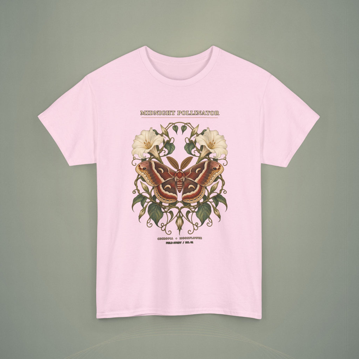 Midnight Pollinator Cecropia Moth & Moonflower Graphic Tee | Vintage Botanical Night Garden Shirt