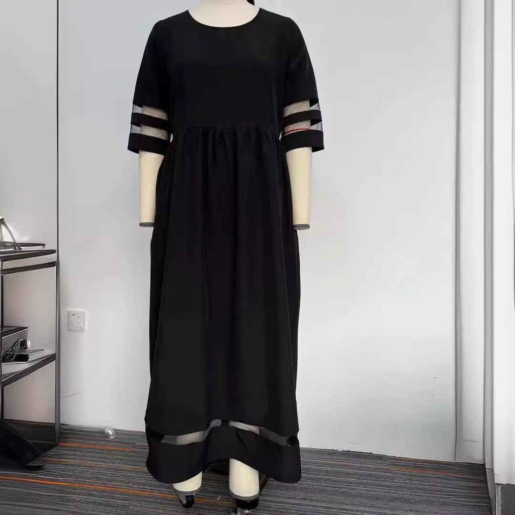 Patchwork Round Neck Mesh Pocket Skirt - Fashionable Casual Wear