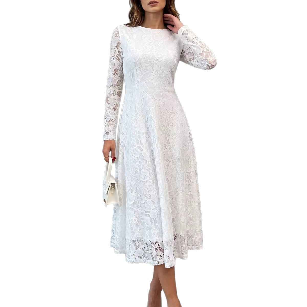 Womens Solid-Color Elegant Long-Sleeve Lace Waist-Cinching Dress