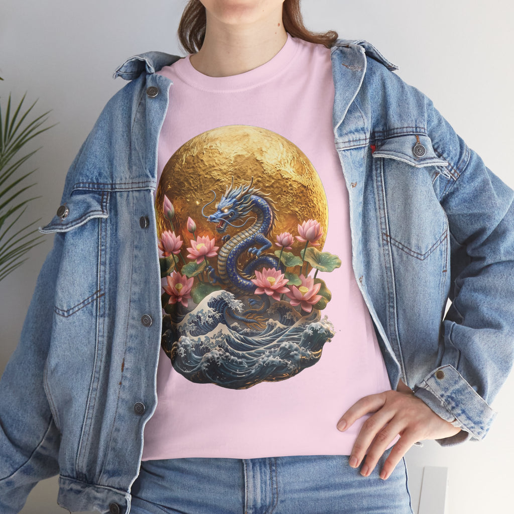 Japanese Dragon & Lotus Moon Graphic Tee - Heavy Cotton Streetwear