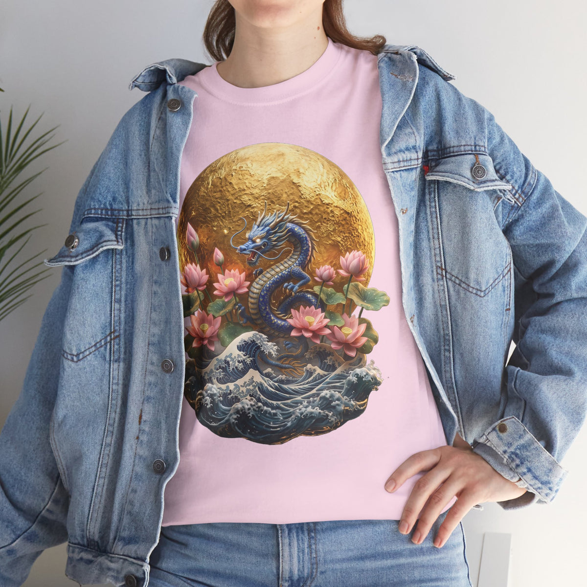 Japanese Dragon & Lotus Moon Graphic Tee - Heavy Cotton Streetwear