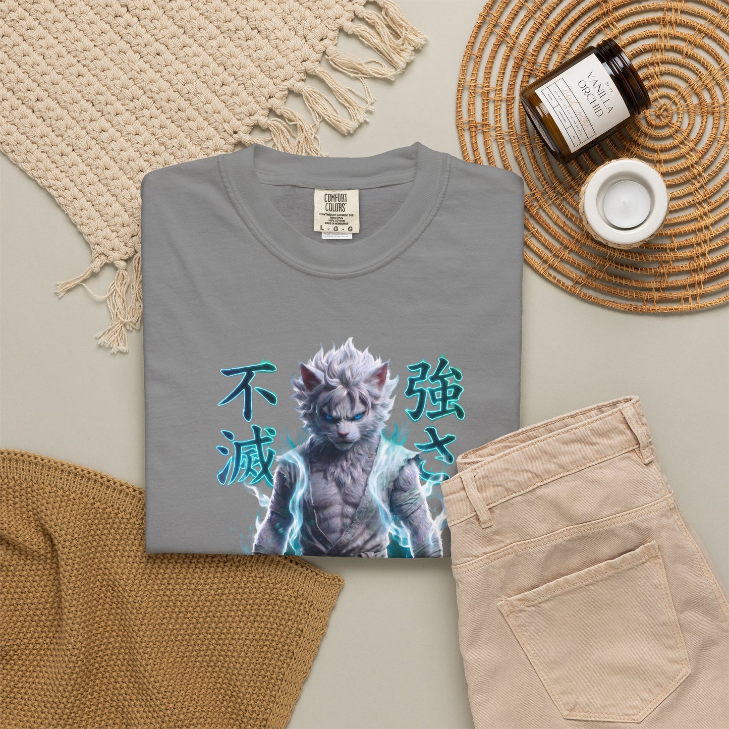 Y2K Cyberpunk Graphic Tee White Silver Cat Warrior Unisex Harajuku Style Streetwear Comfort Colors 1717 T-Shirt